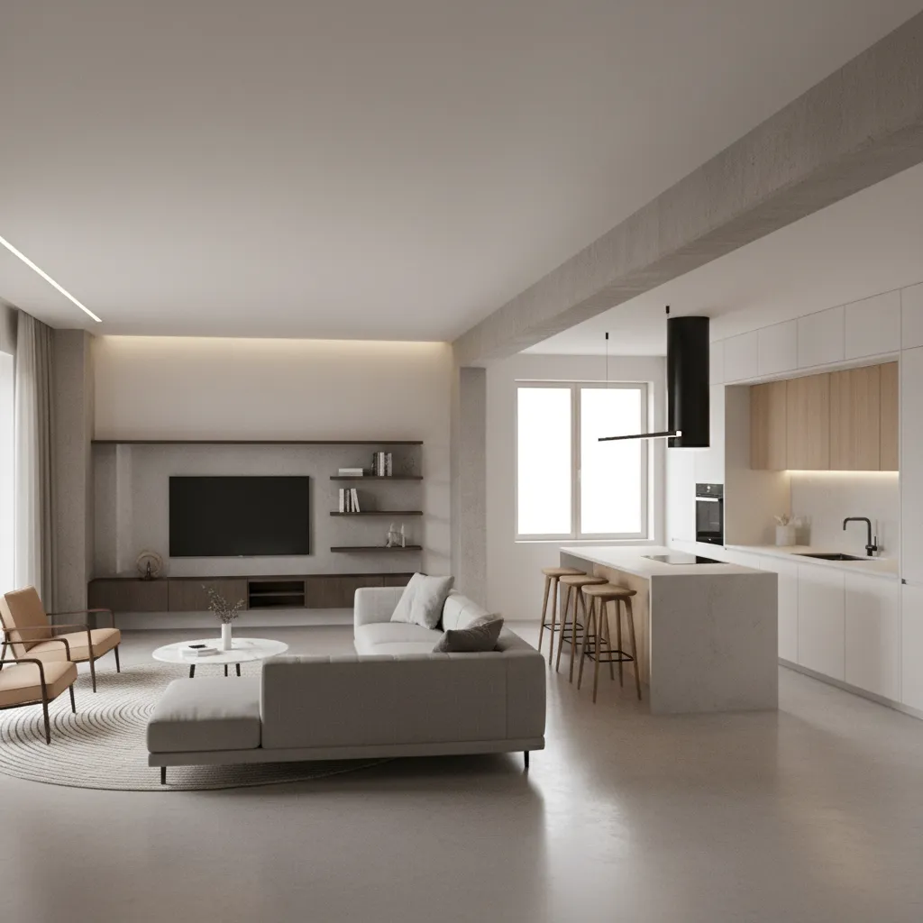 Modern interior design drawing showing living room and kitchen with grey sofa and bar stools