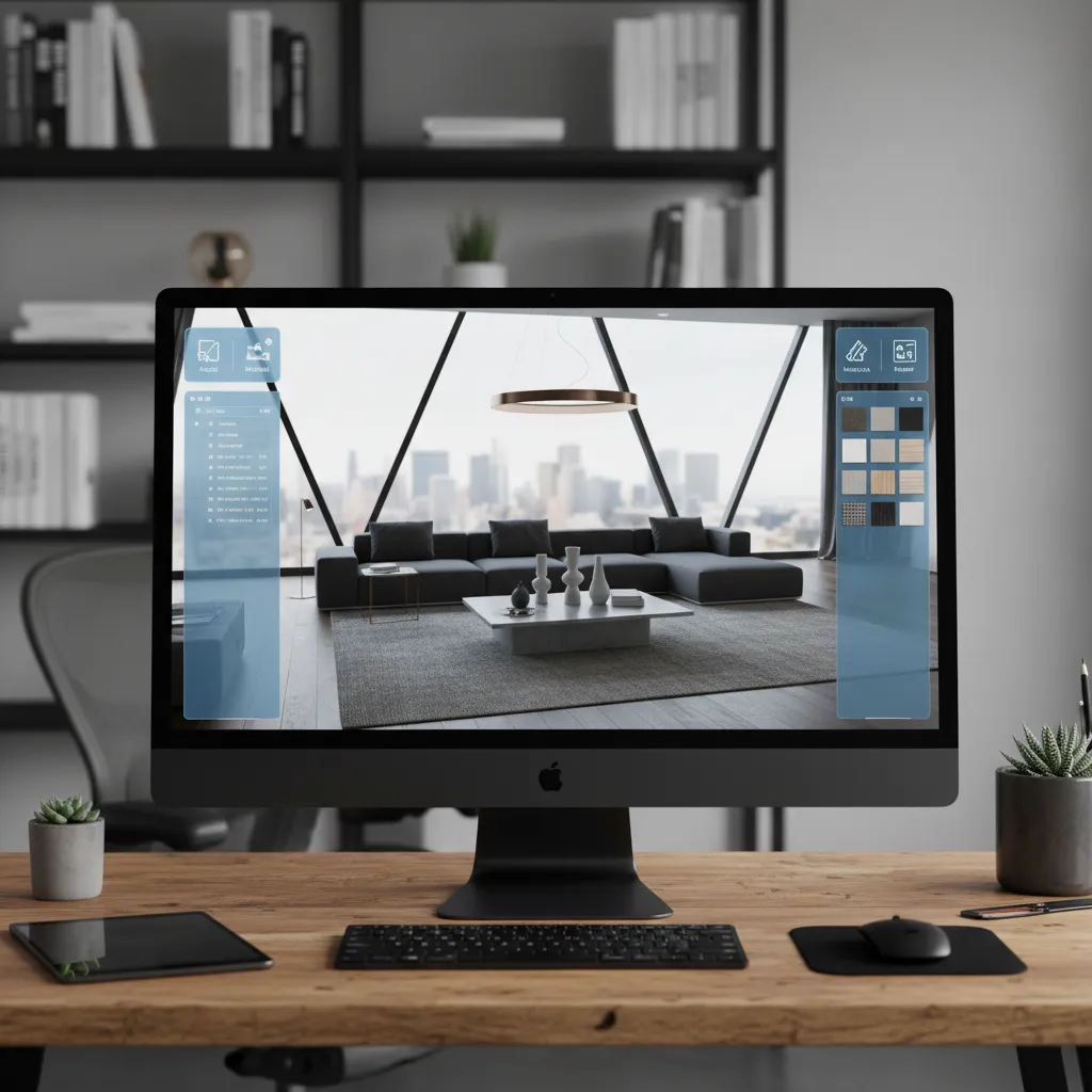 Pantalla con visualización 3D de un salón en proceso de diseño