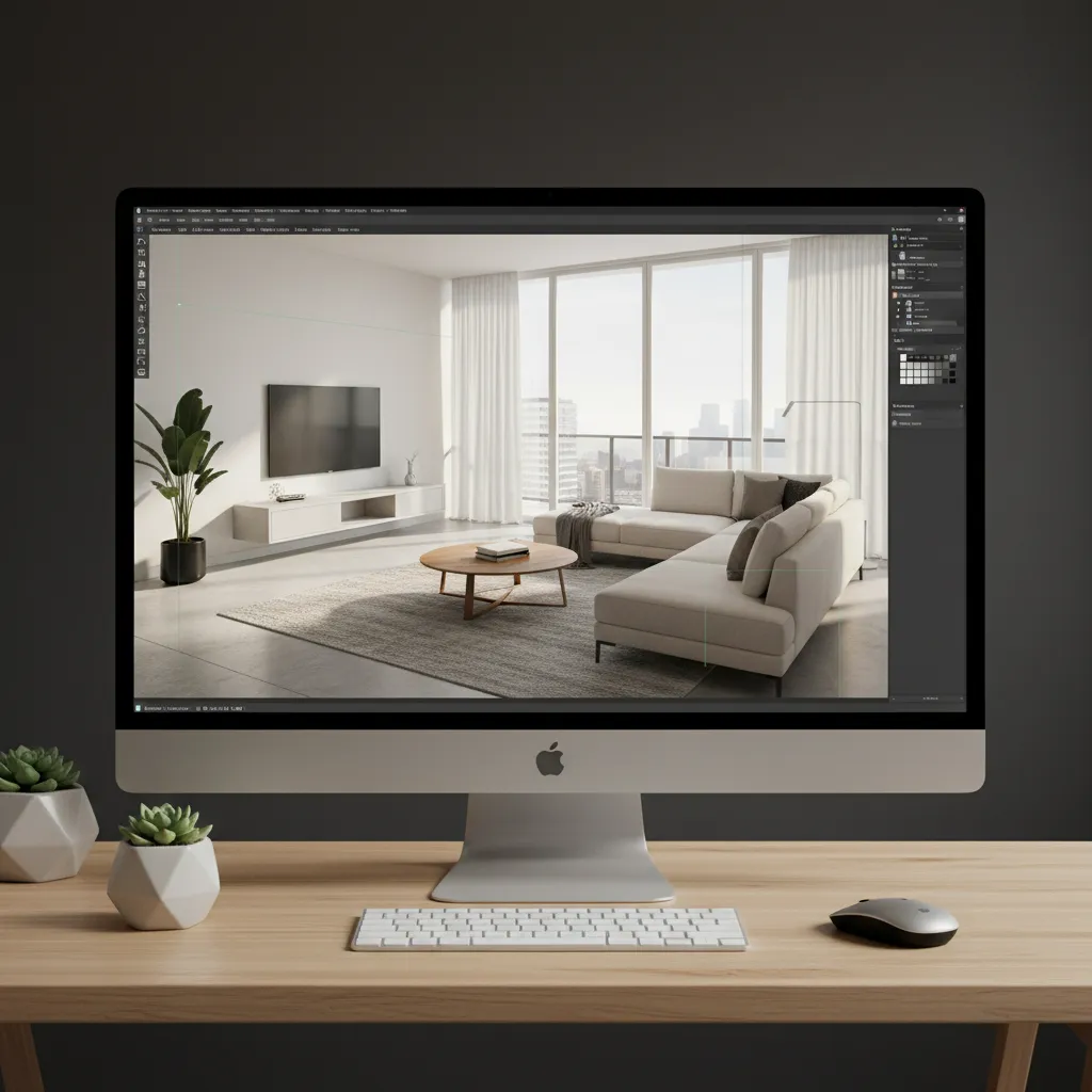 Visualización 3D de un salón durante la fase de planificación del diseño interior