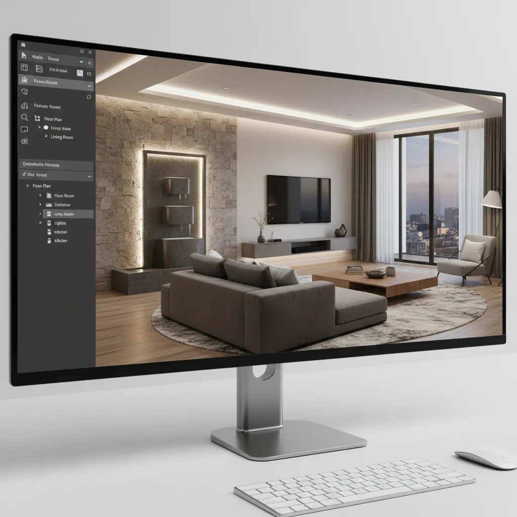 Diseño interior digital mostrando planificación de una fuente en un salón
