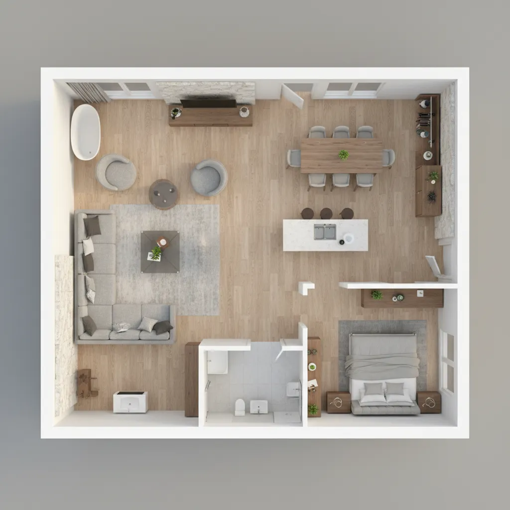 Render 3D de plano de vivienda mostrando distribución de muebles
