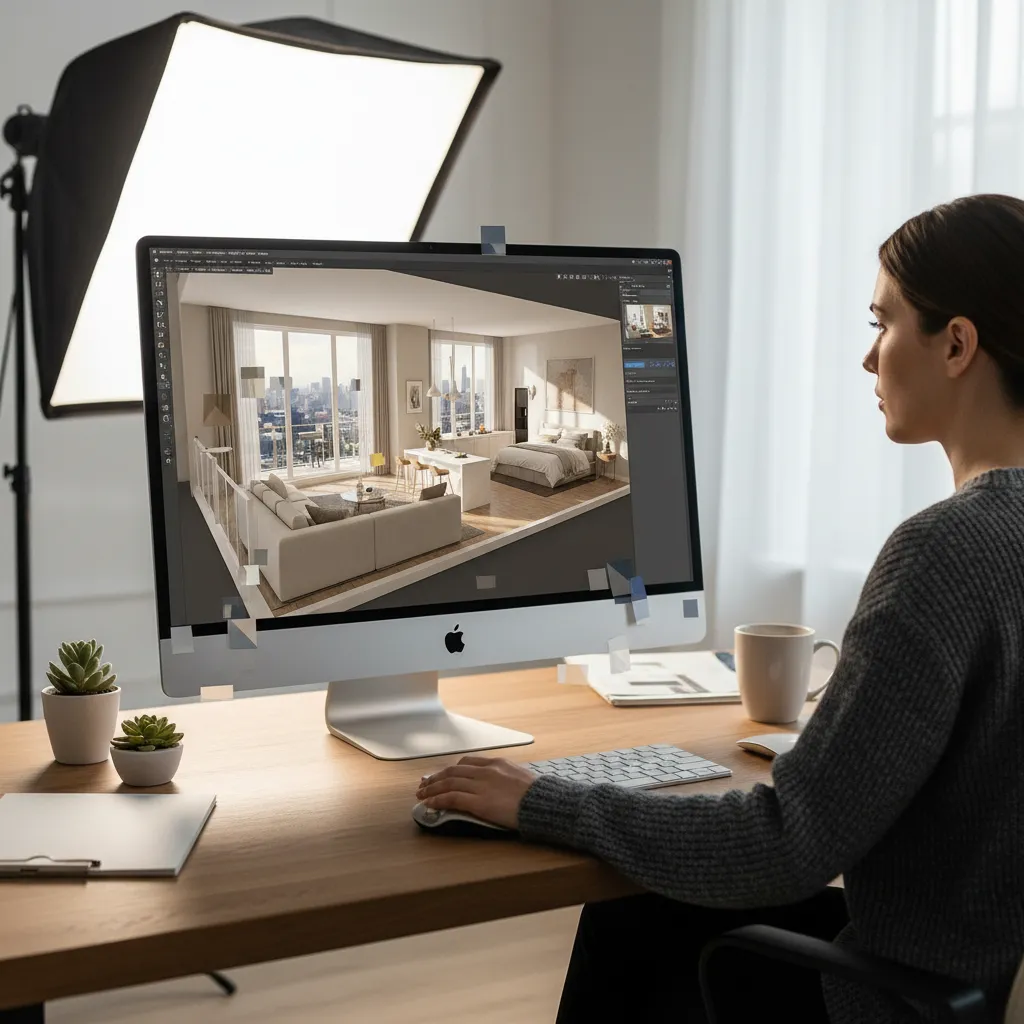 Designer using computer screen to show interior design drawing with a living room and bedroom