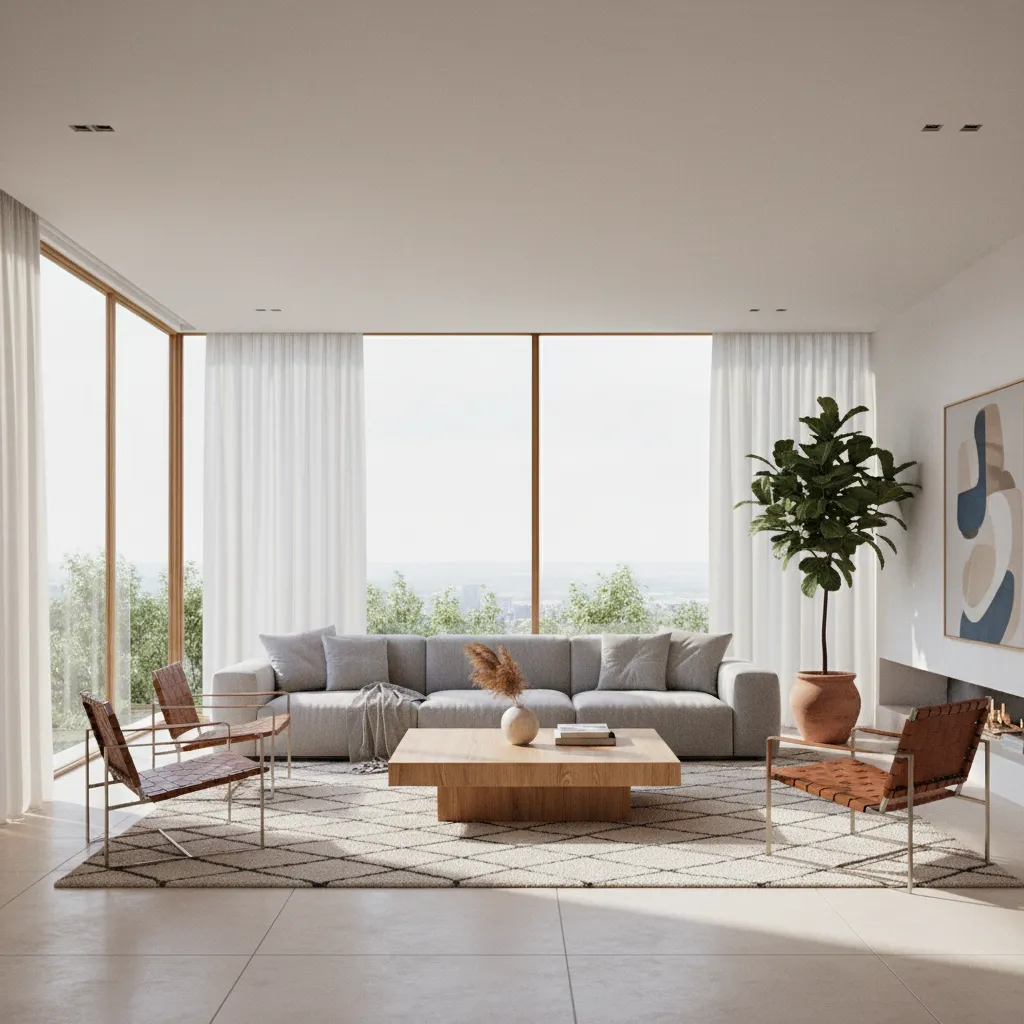 Render 3D realista de sala moderna generado con software