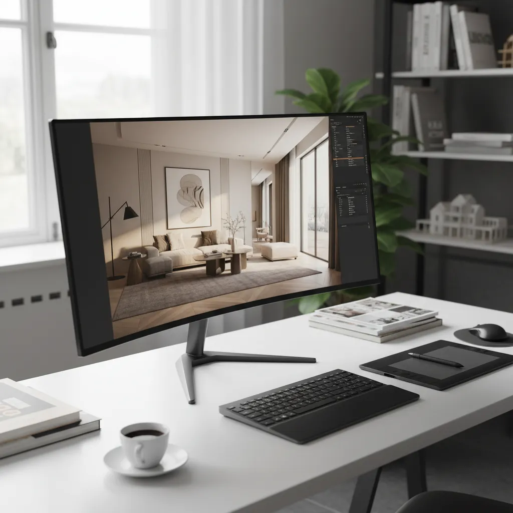 Pantalla mostrando un render 3D de un salón diseñado digitalmente