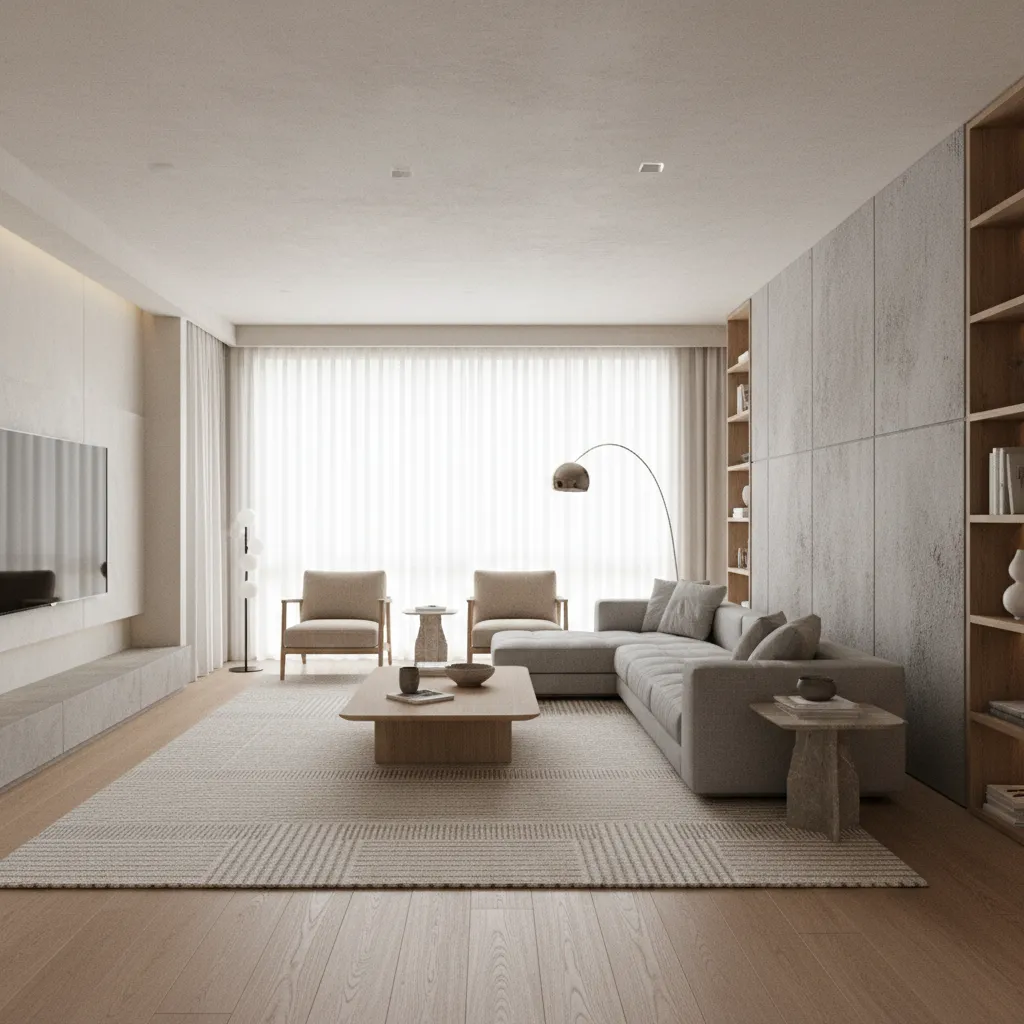 Visualización 3D de un salón moderno con distribución optimizada