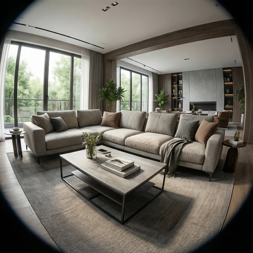 Modern living room with grey sofa wooden coffee table large windows and green garden view