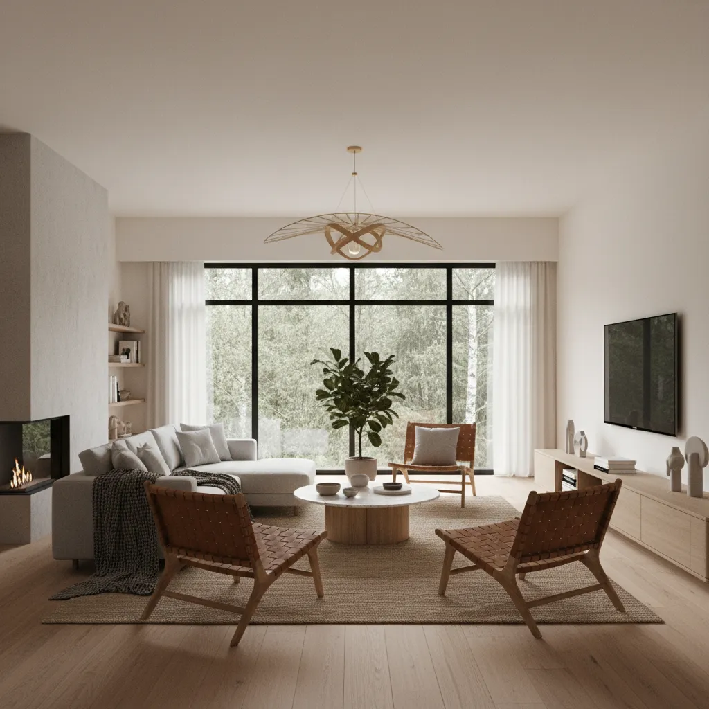 Visualización 3D realista de un salón moderno diseñado digitalmente