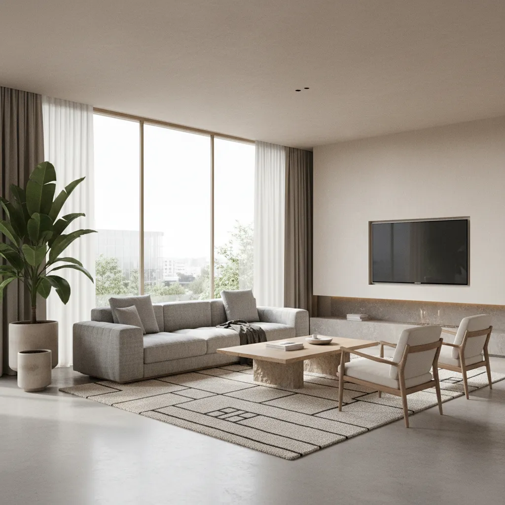 Render 3D de salón moderno diseñado digitalmente