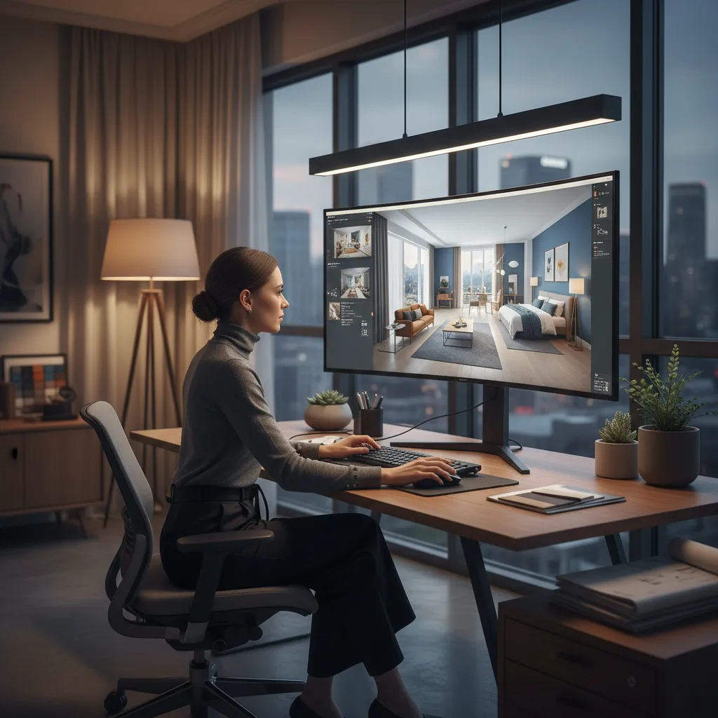 Diseñador trabajando en un modelo 3D de interiorismo en ordenador