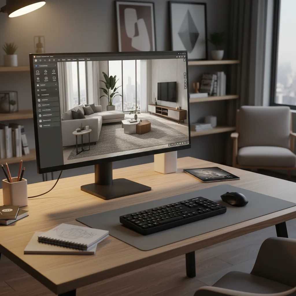 Pantalla de ordenador mostrando un modelo 3D de un salón diseñado digitalmente