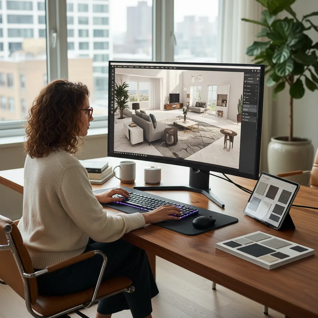 Diseñadora creando un diseño interior en 3D en su ordenador
