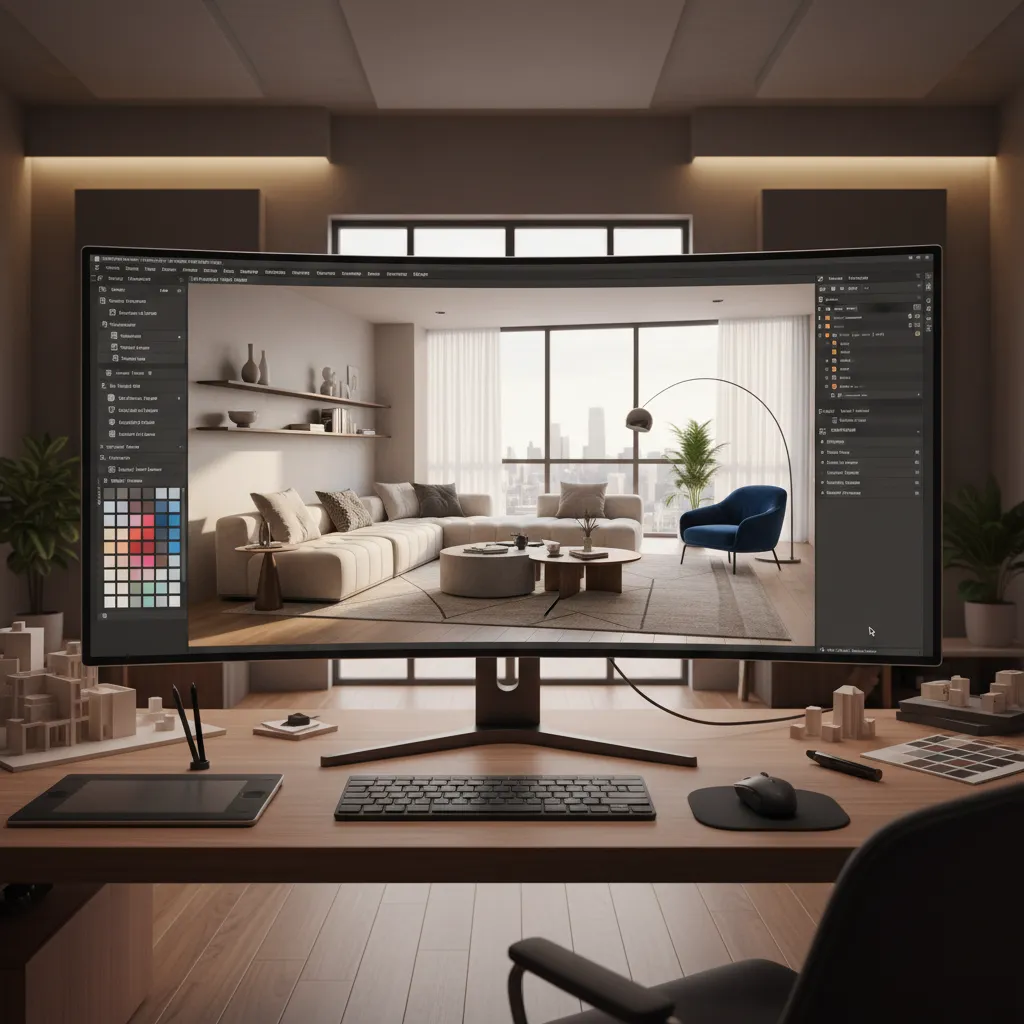 Pantalla mostrando visualización 3D de un proyecto de interiorismo