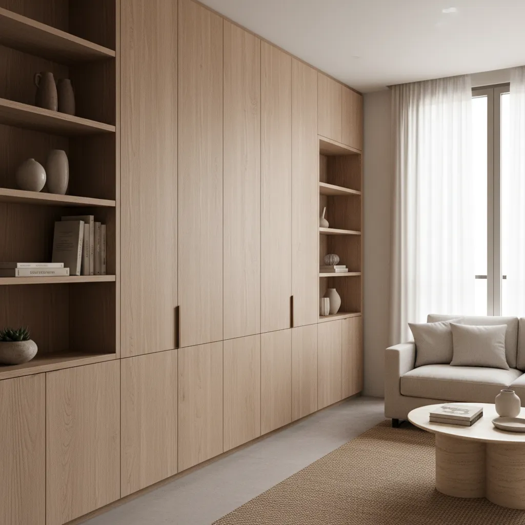 Minimalist wooden wall cabinet with open shelves next to a beige sofa and coffee table