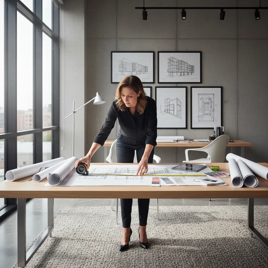 Diseñador analizando distribución de un espacio interior con planos