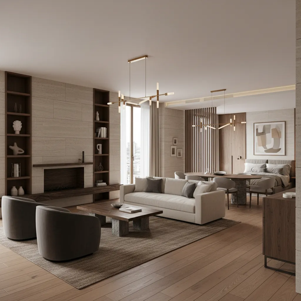 Apartamento moderno bien diseñado con iluminación natural y materiales cálidos