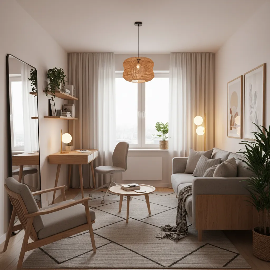 Modern living room with grey sofa wooden desk and chair under a rattan ceiling light