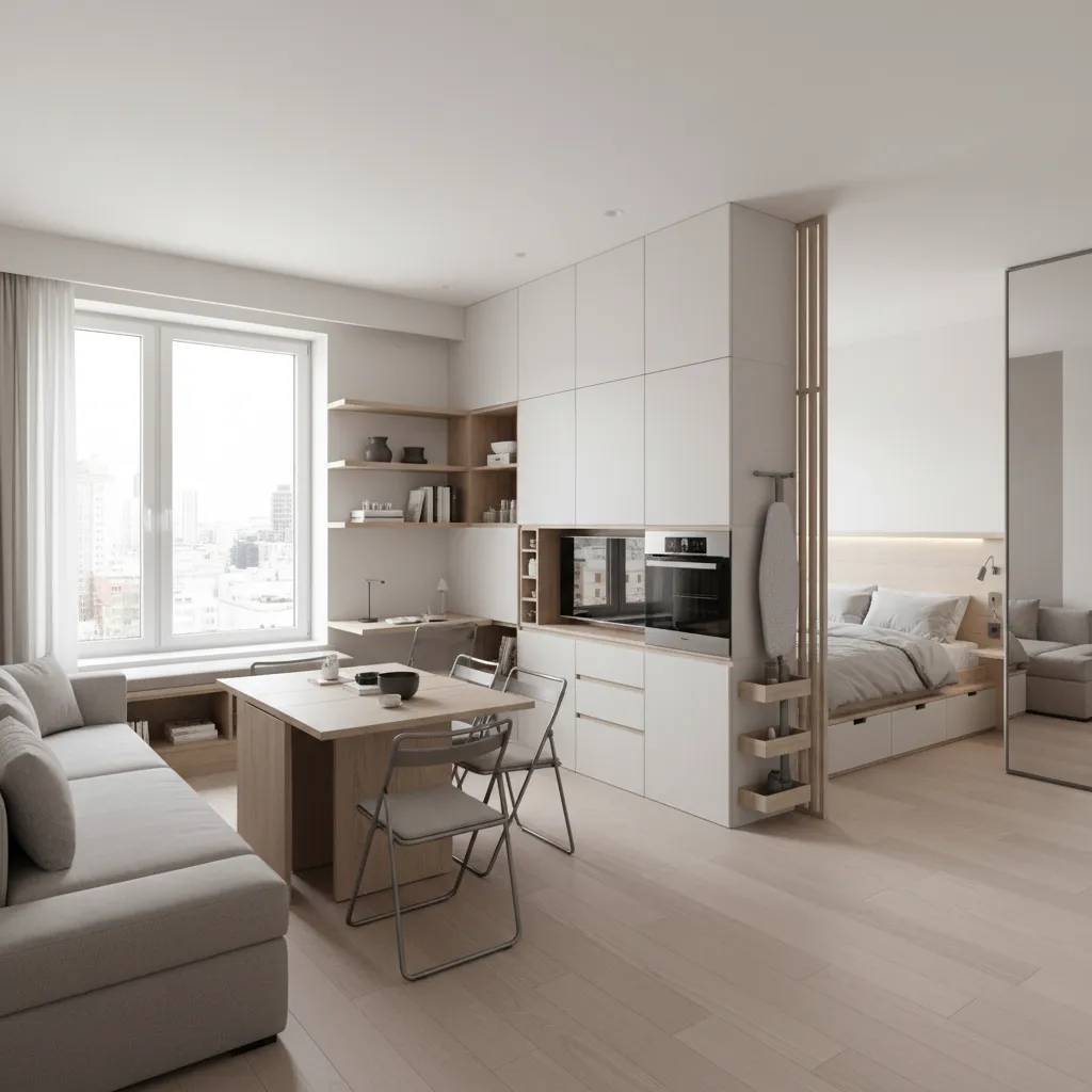 Apartamento pequeño con diseño moderno y muebles multifuncionales