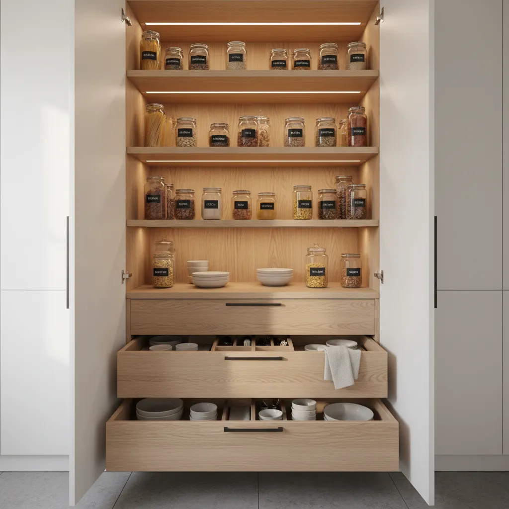 White kitchen cabinet with light wood shelves glass jars and drawers filled with white bowls