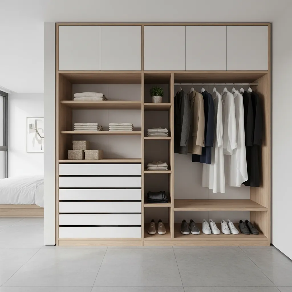 Modern built-in wardrobe with white doors wooden shelves hanging clothes drawers and neat shoes storage
