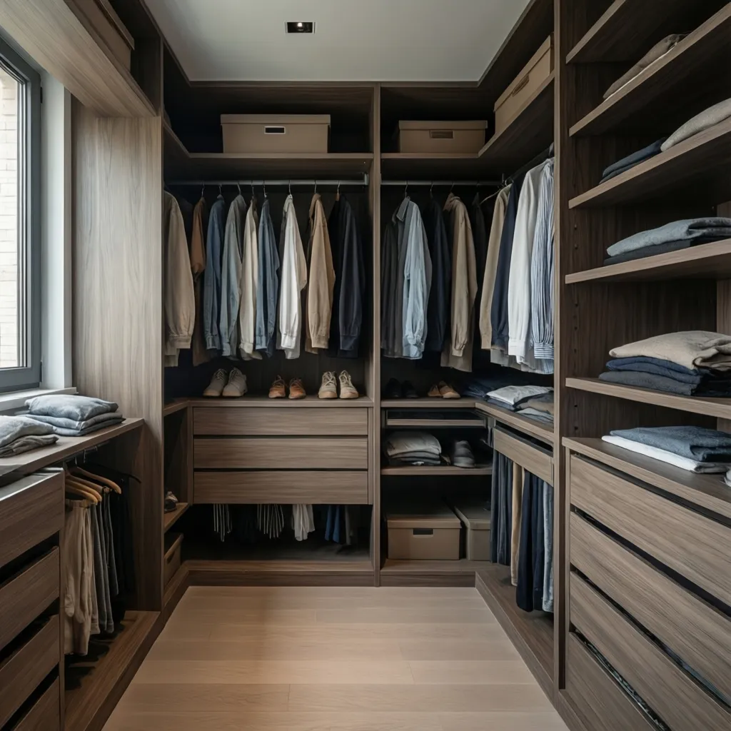Large walk-in closet with dark wood shelves hanging clothes storage boxes and a wood floor
