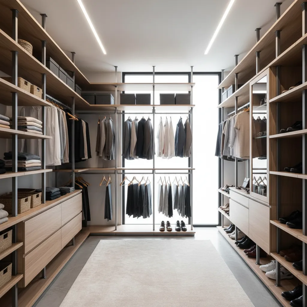 Modern walk in closet with open wooden shelves clothes on hangers shoes and ceiling light