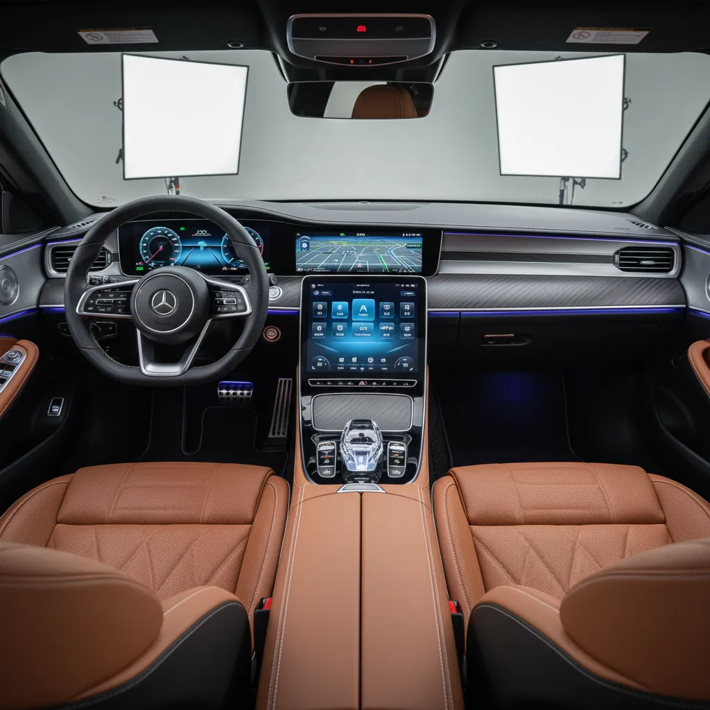 Modern car interior with brown leather seats large vertical screen and studio lights in background