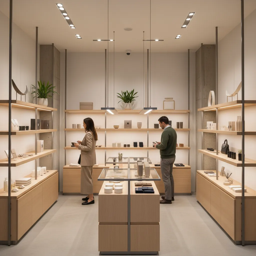 Interior de boutique con estanterías organizadas y diseño moderno