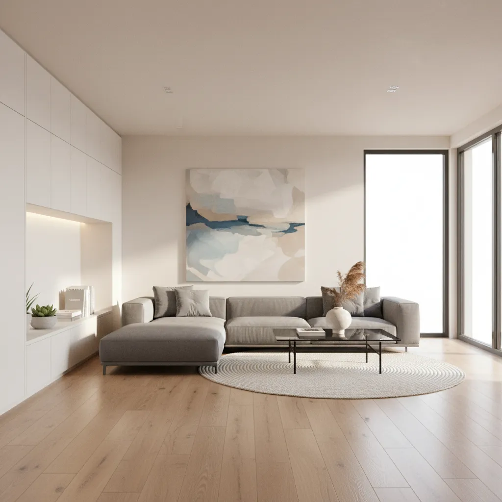 Modern living room with grey sofa wooden floor round rug coffee table and wall painting