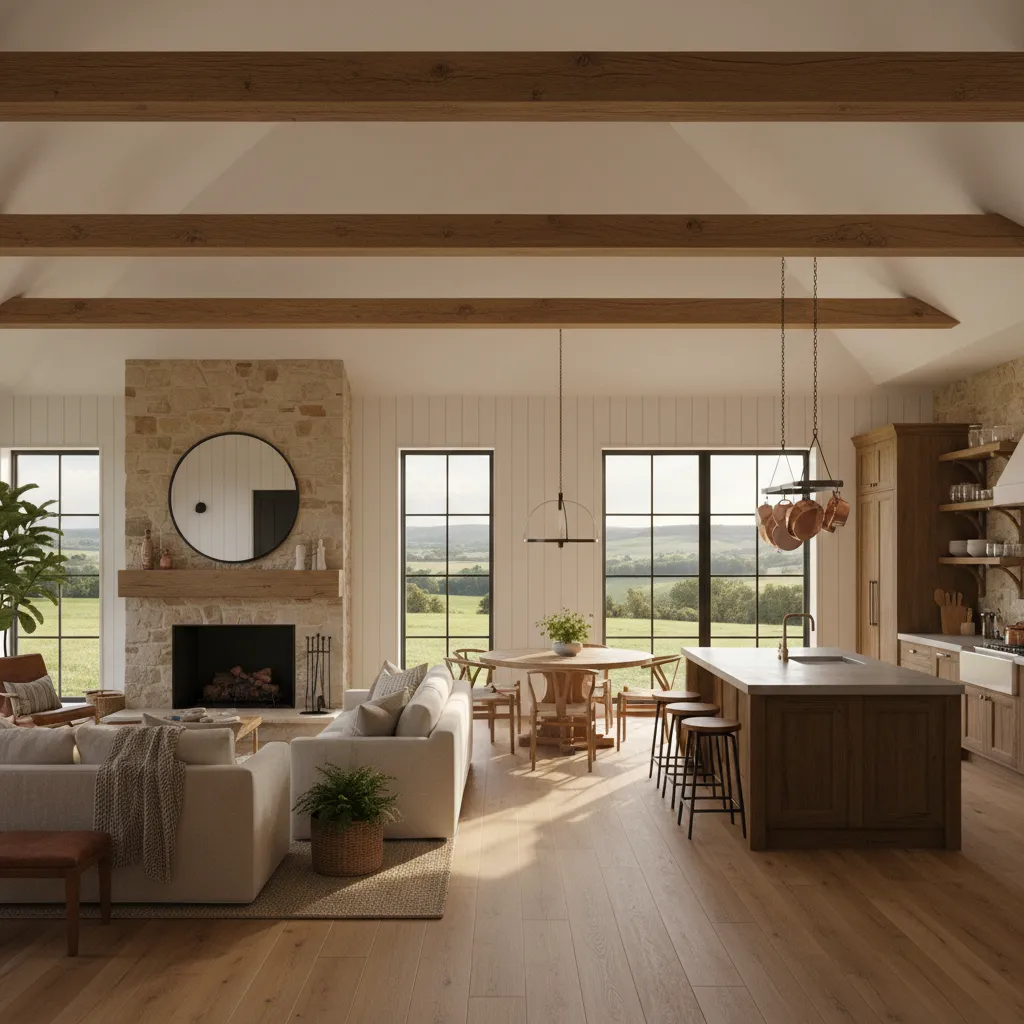 Interior de casa de campo con salón abierto y cocina integrada