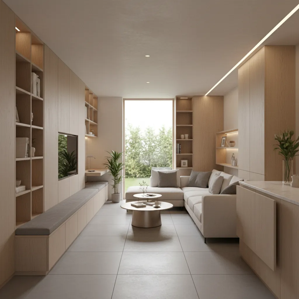 Minimalist living room with light wood cabinets beige sofa round coffee tables and recessed light fixture