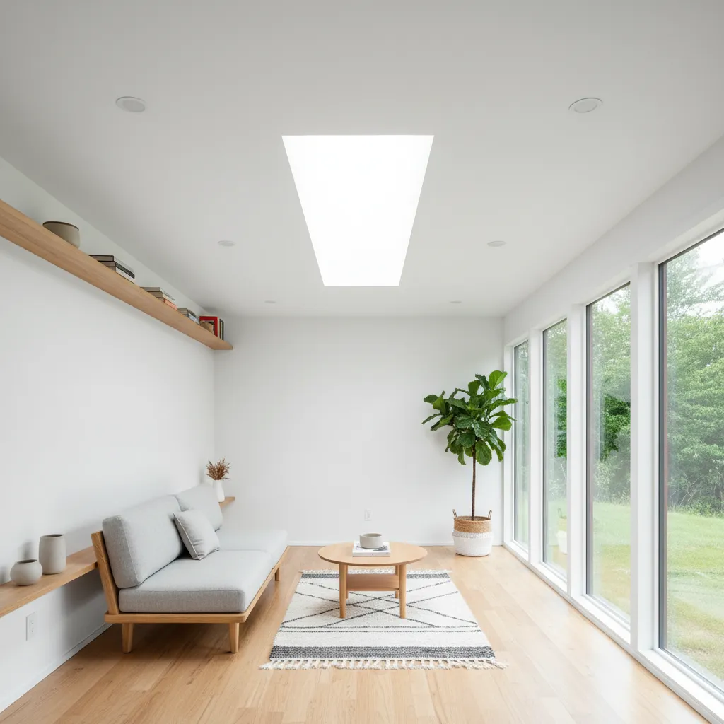 Minimalist living room with white walls wooden floor grey sofa coffee table and large side windows