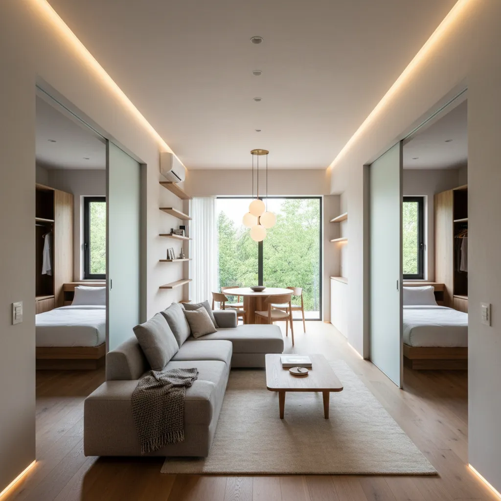 Modern living room with grey sofa wooden floors dining table and sliding doors to two bedrooms
