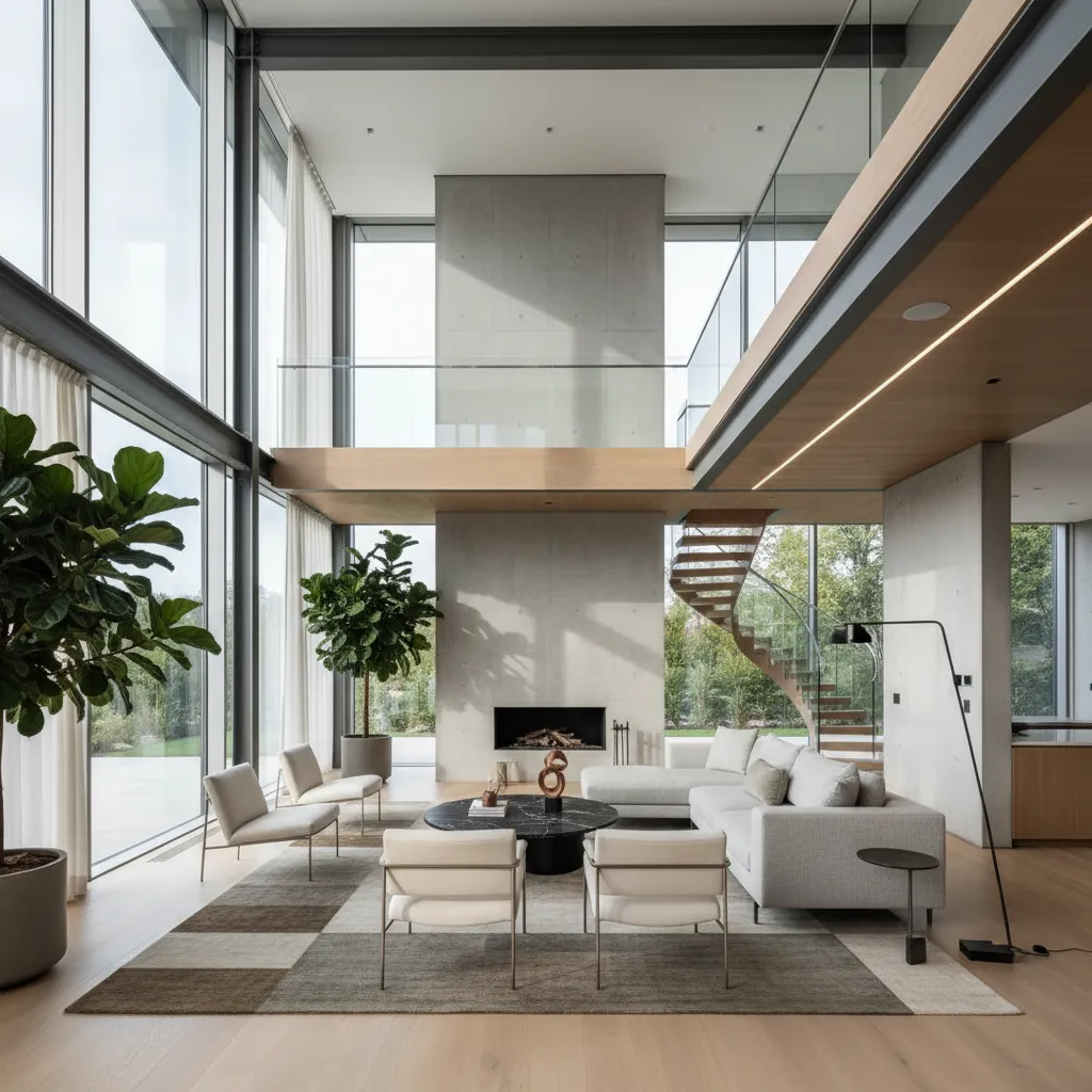 Interior moderno de casa de dos plantas con doble altura