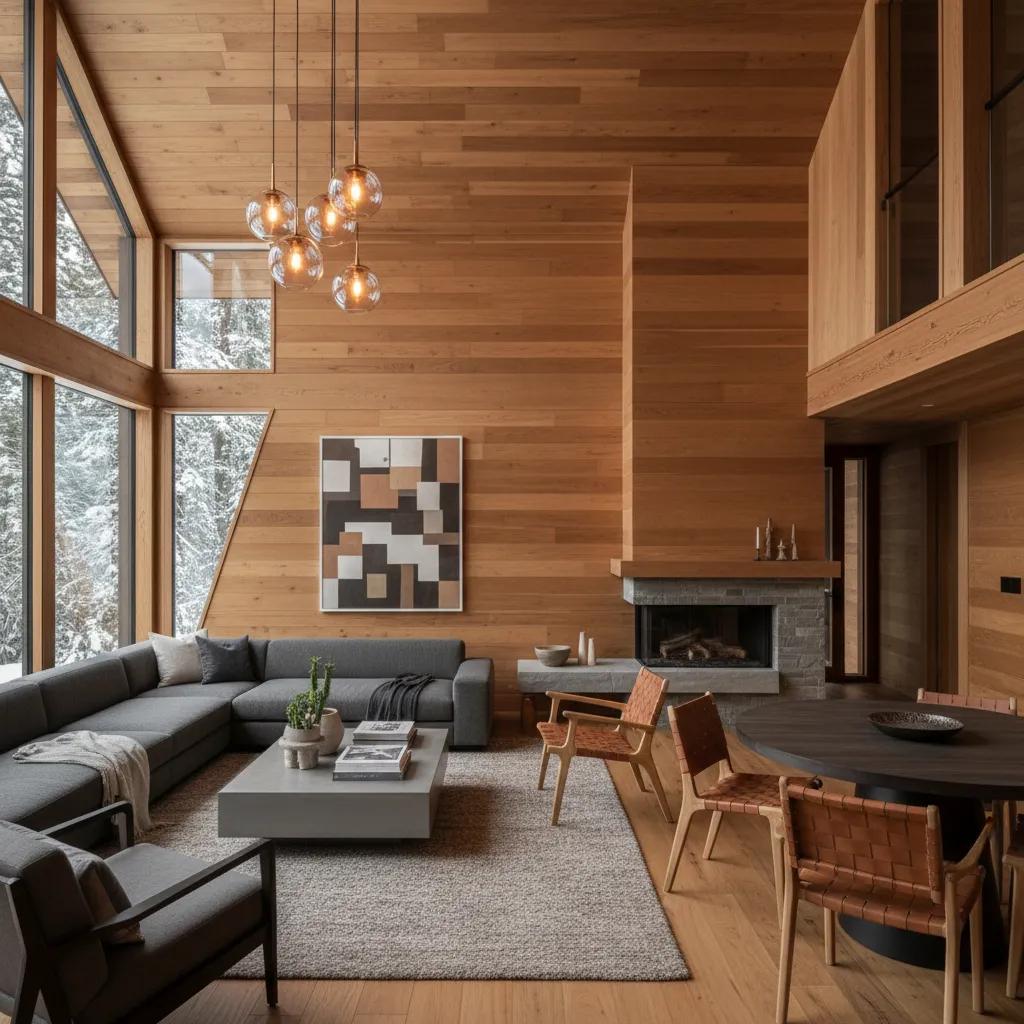 Modern wooden living room with grey sofa fireplace dining table large windows and snow outside