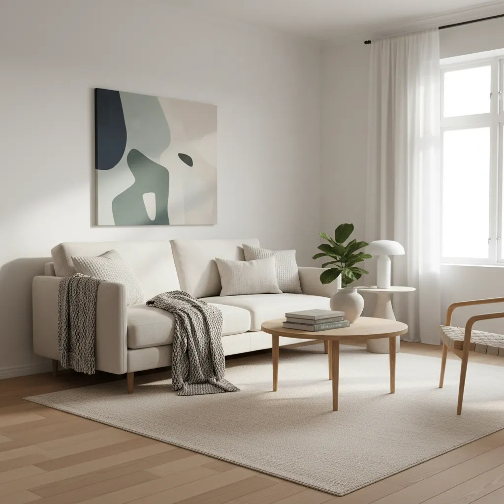 Interior de casa pequeña con madera clara y paredes blancas