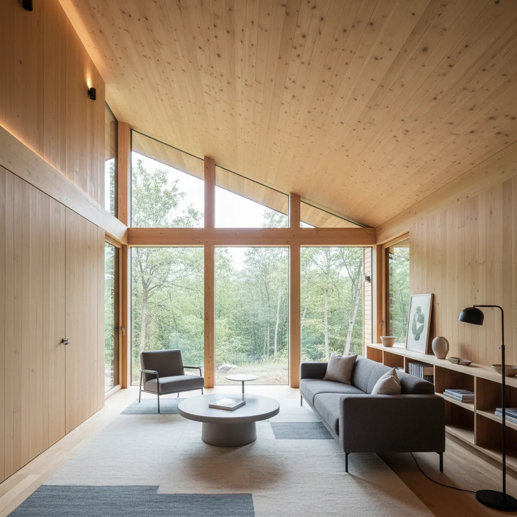 Interior moderno de casa de madera con grandes ventanas y diseño minimalista