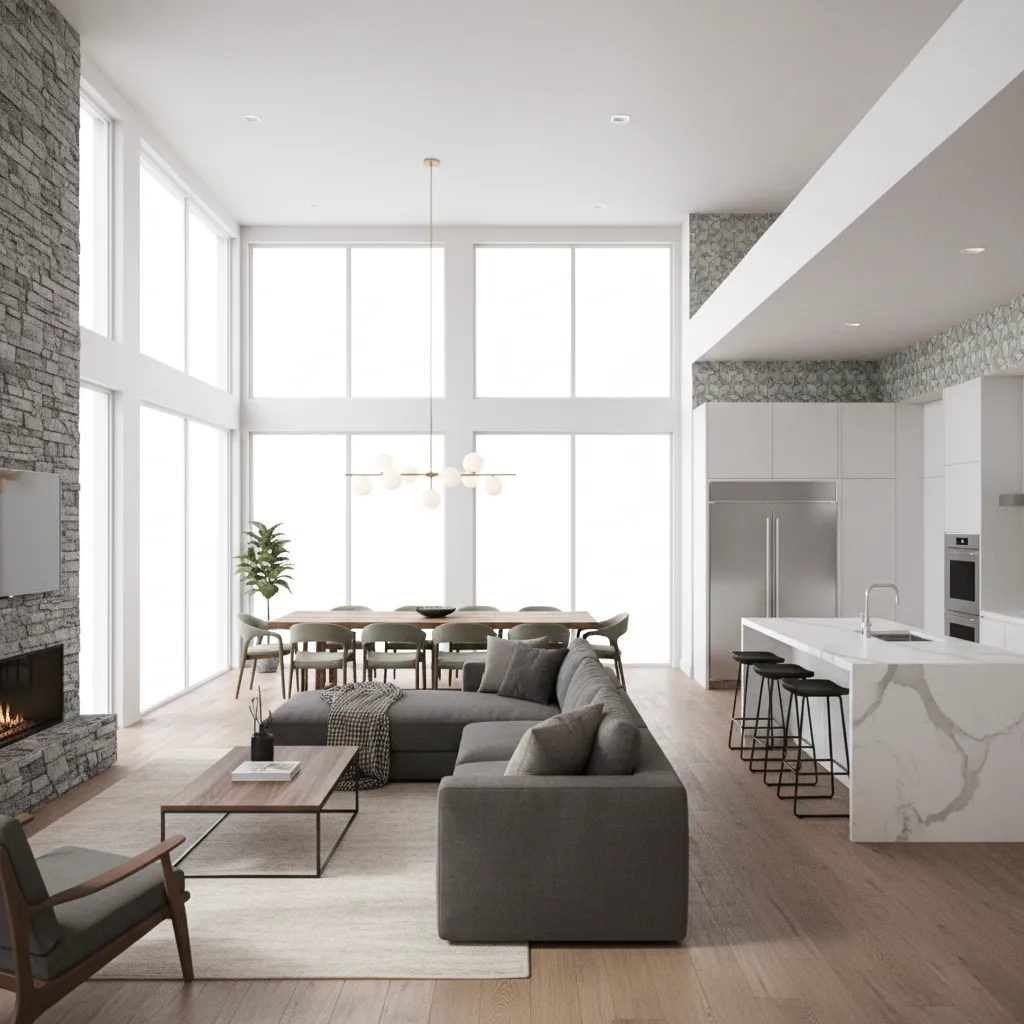 Diseño interior completo de una casa mostrado en render 3D