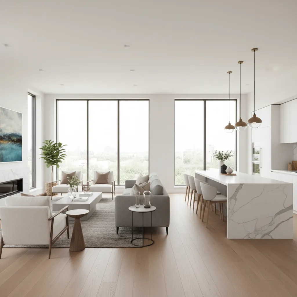 Interior moderno de casa con salón abierto y cocina integrada