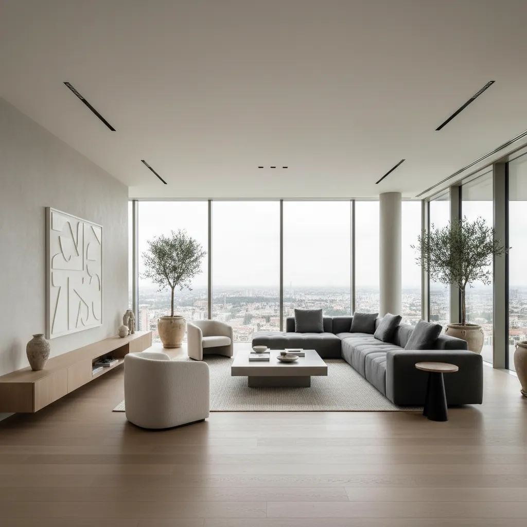 Interior de casa moderna con sala abierta y diseño minimalista