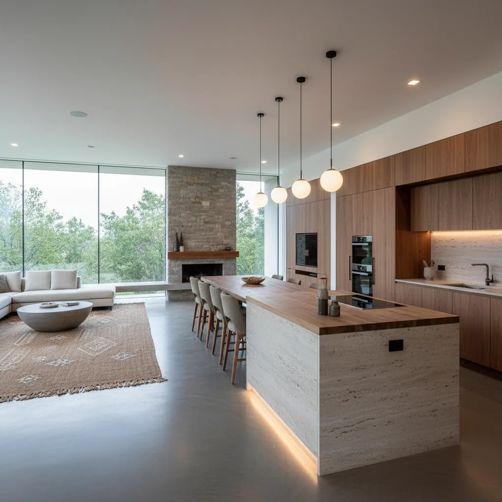Interior de casa de diseño con cocina abierta y salón integrado