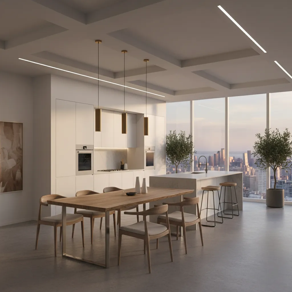 Interior de casa moderna con cocina abierta y comedor integrado