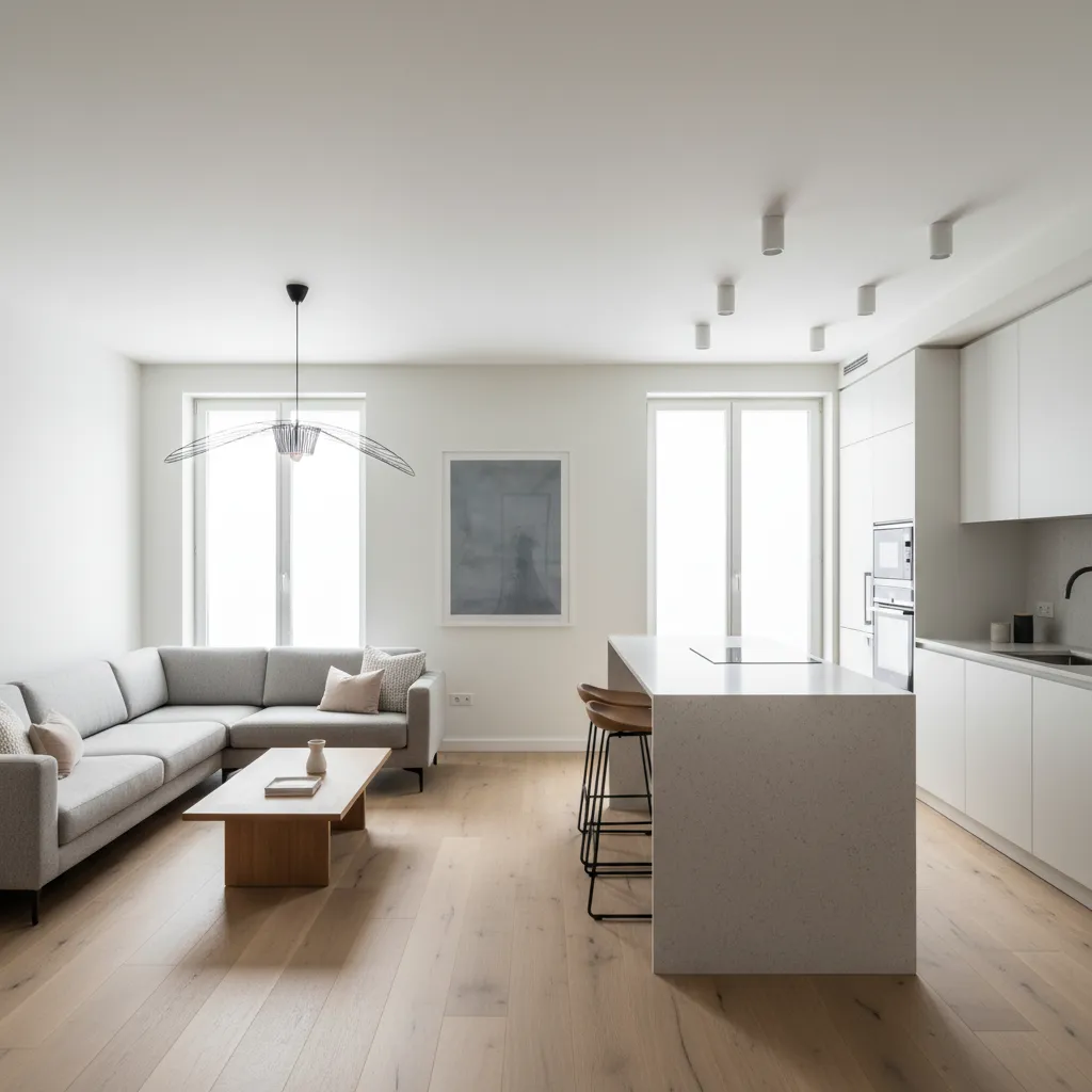 Interior moderno de salón y cocina abiertos en casa compacta