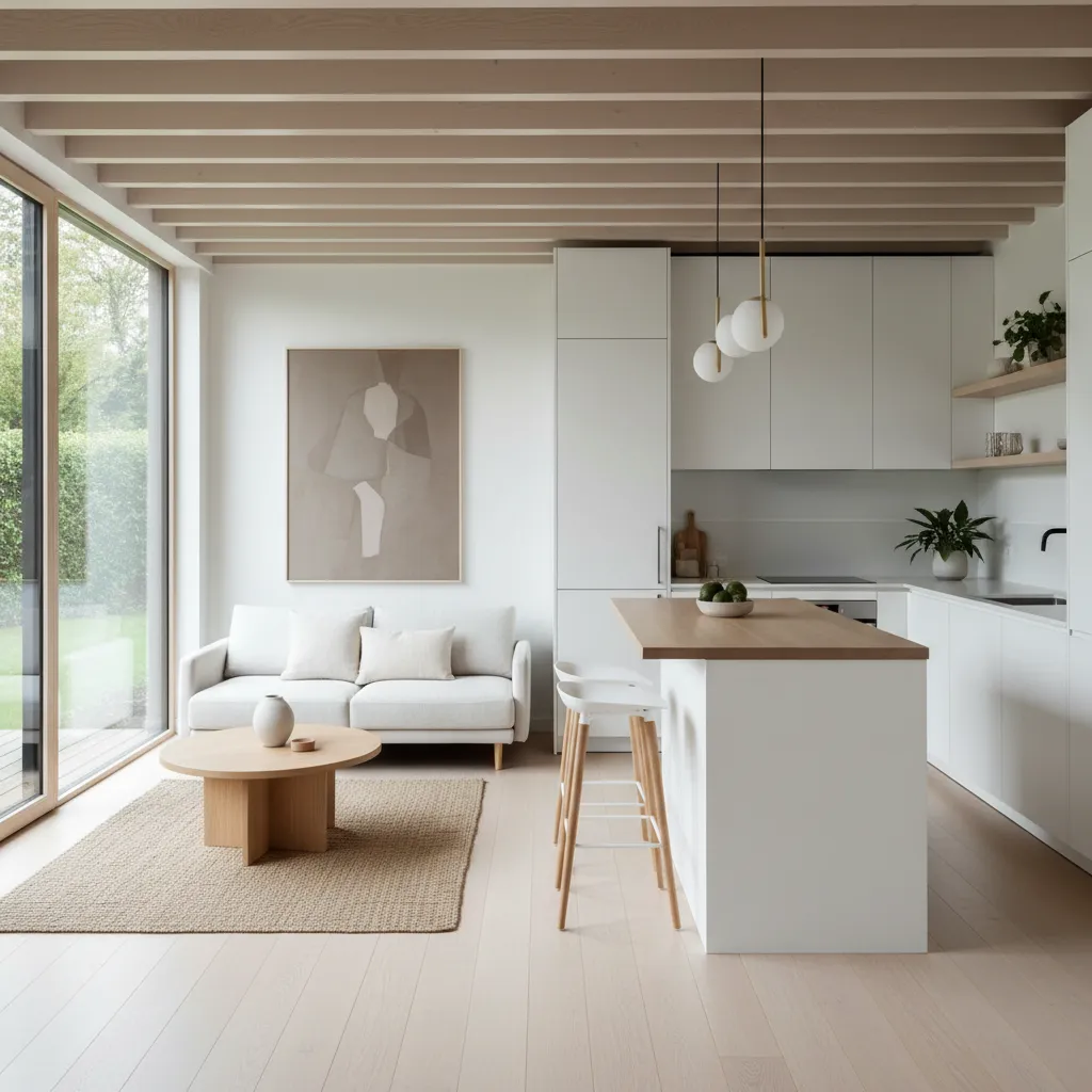 Interior moderno de casa pequeña con sala y cocina integrada