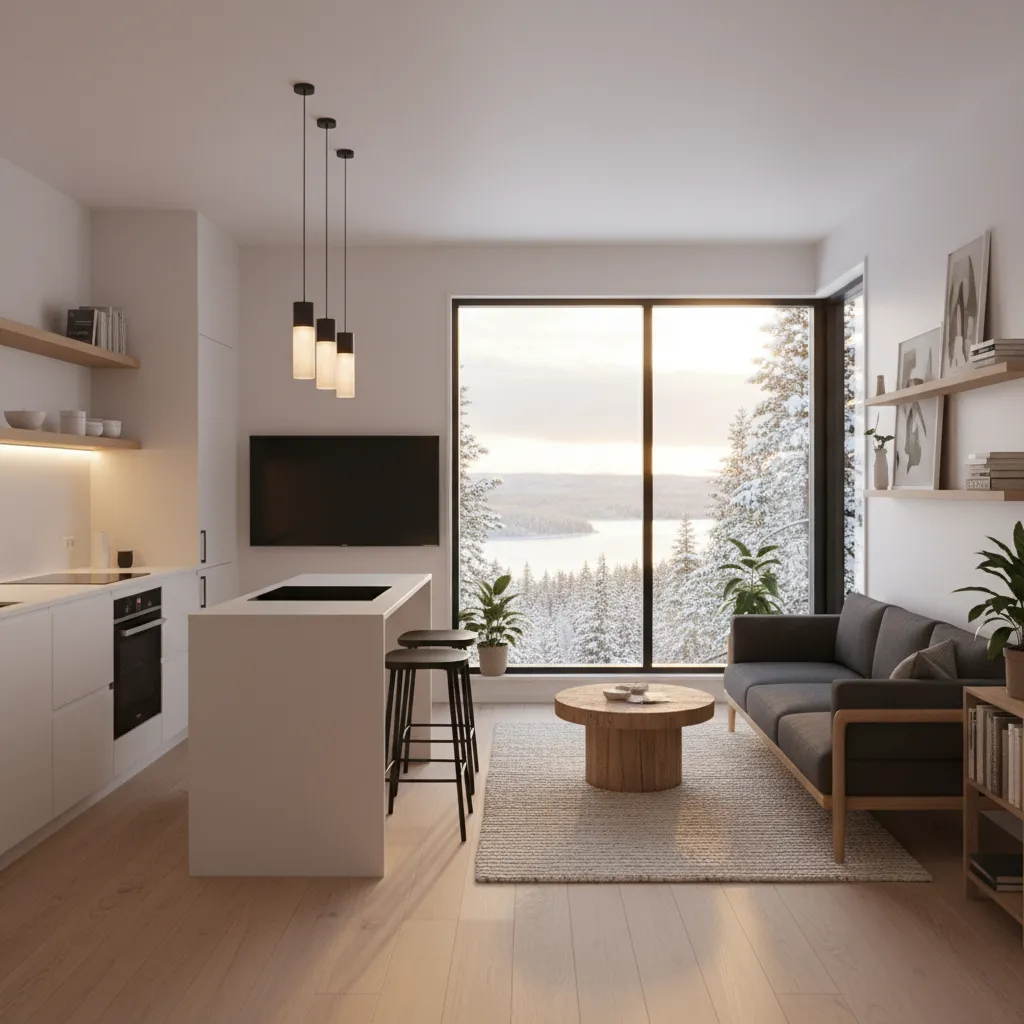 Modern open plan living room with grey sofa kitchen island large window and snowy view