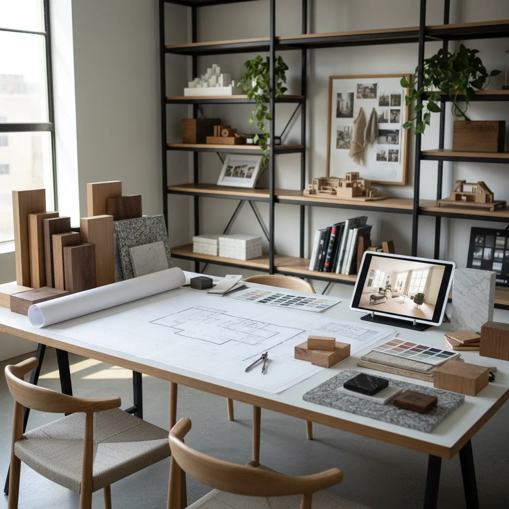 Proceso de diseño interior con muestras de materiales y planos arquitectónicos