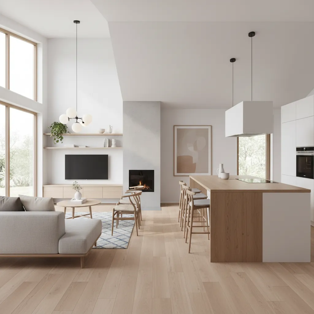 Interior moderno de una casa prefabricada con cocina abierta y salón luminoso