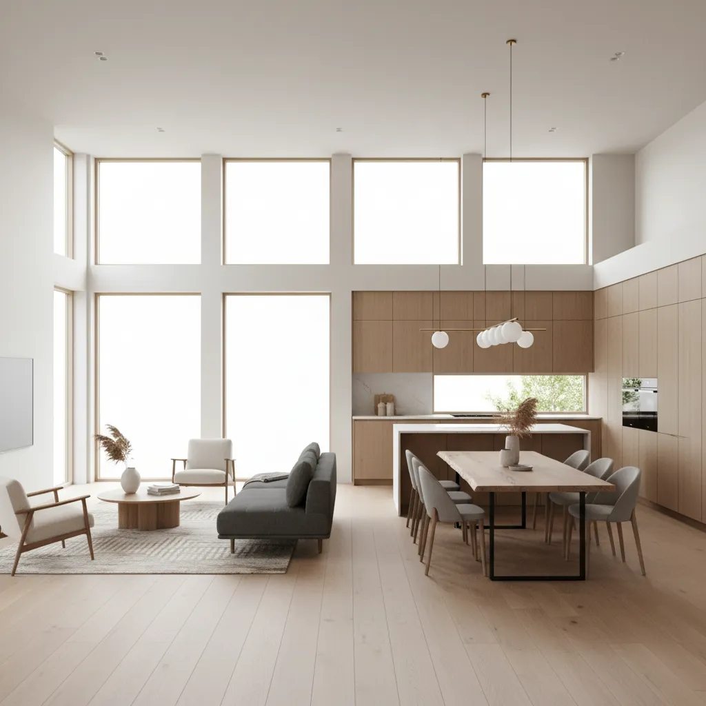 Salón abierto en una casa rectangular conectado con cocina y comedor