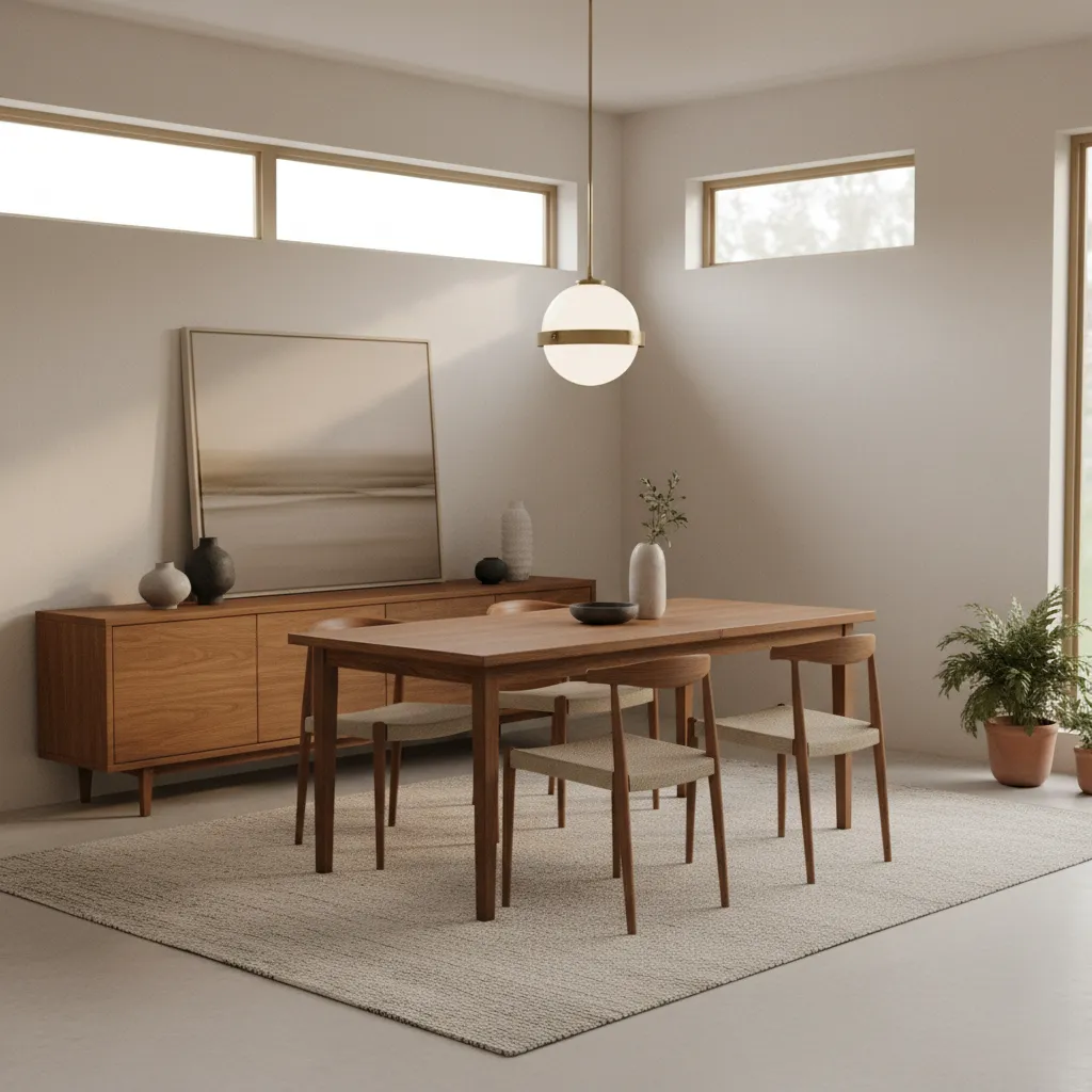 Comedor moderno en casa sencilla con iluminación cálida