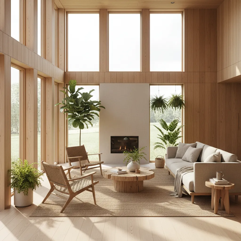 Interior de casa sostenible con luz natural abundante y materiales naturales