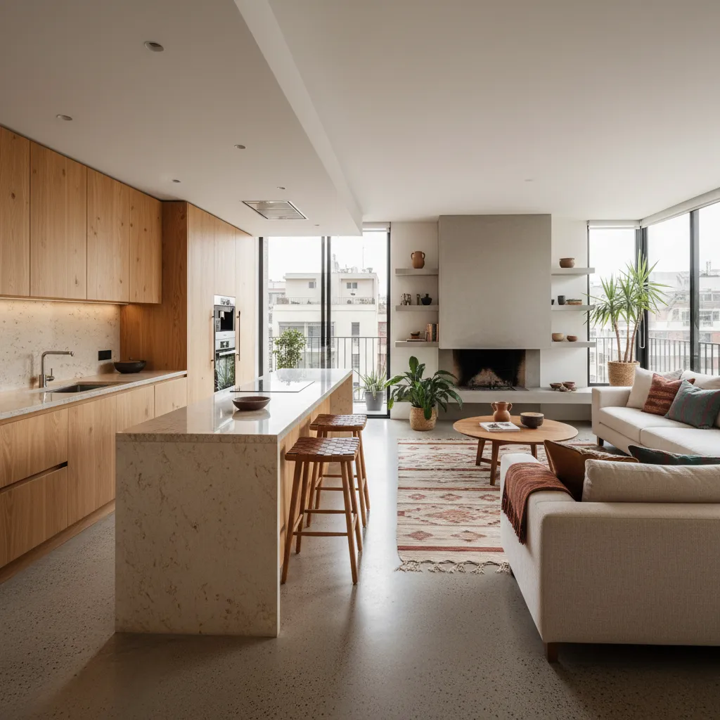 Interior contemporáneo chileno con cocina abierta y sala integrada